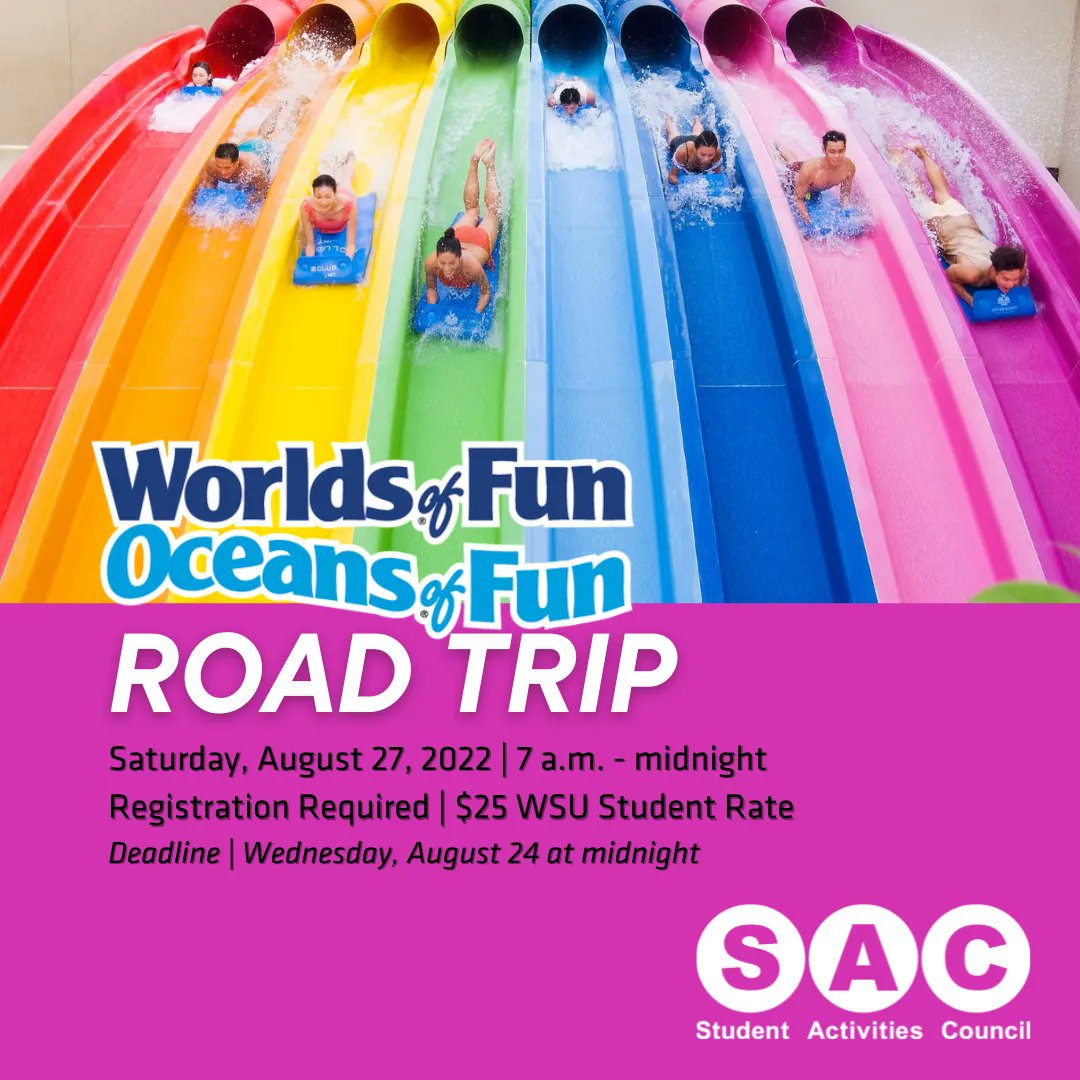 SAC_WSU's tweet photo. Is your upcoming Saturday looking pretty empty? Come to Worlds of Fun with SAC but register quickly! The deadline to sign up is on Wednesday (August 24th). Join us on this journey to Worlds of Fun. ๐โ๏ธ
#RoadTrip #WorldsofFun #SACEvent https://t.co/AcSSoPYixY