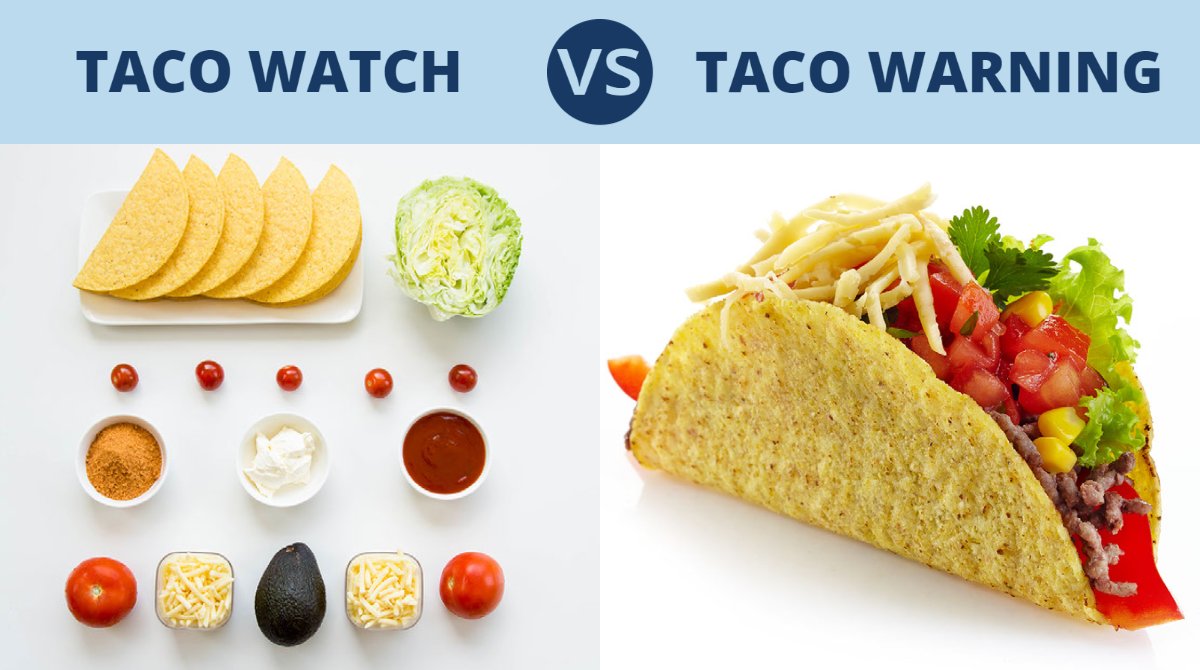 VDEM's tweet photo. Using this #TacoTuesday to remind you of the difference between a watch and a warning. 
🌮 Watch = Be aware: The ingredients are in place for hazardous weather to happen. 
🌮 Warning = Take action: Hazardous weather has formed and is happening. https://t.co/qkvbijCGTn