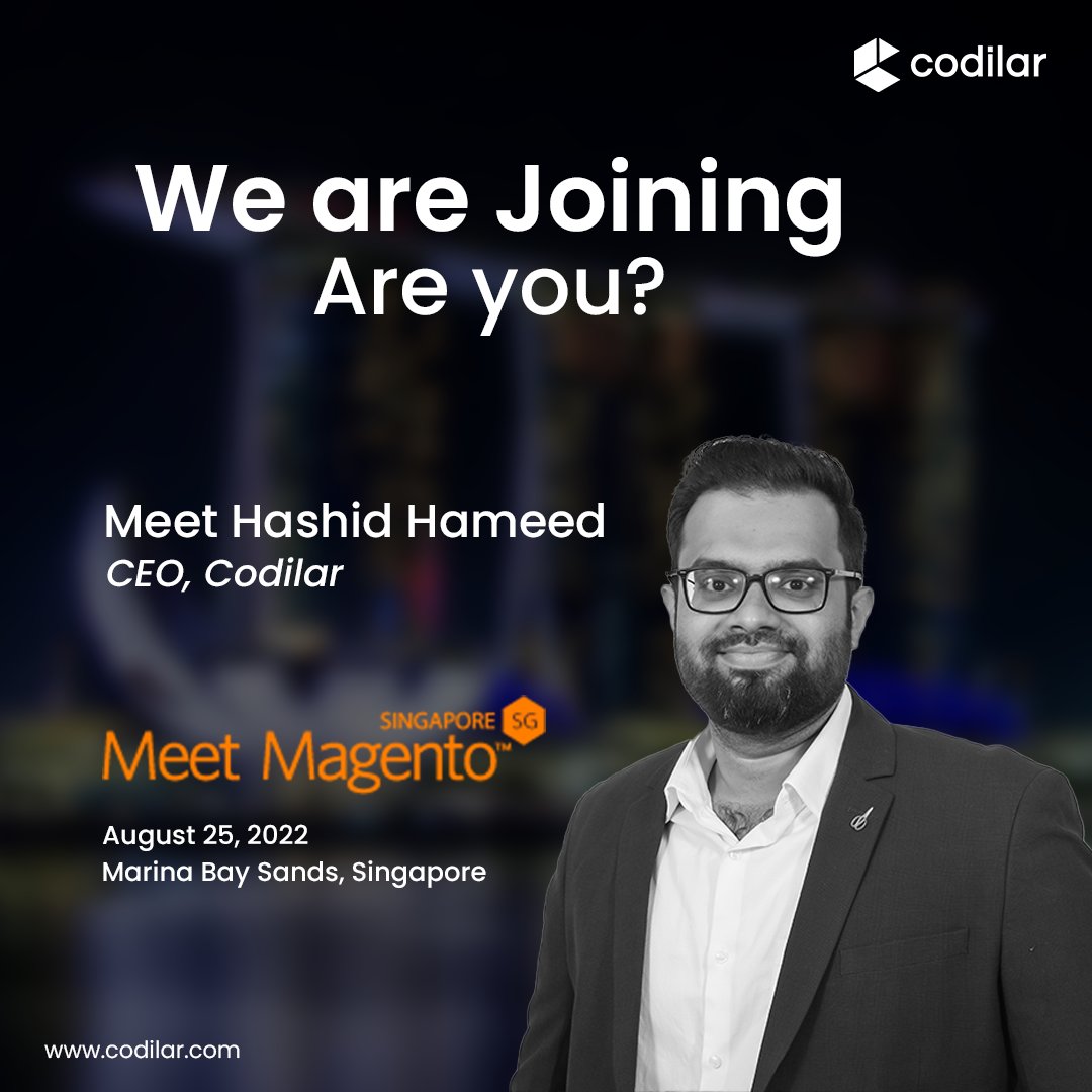 codilar's tweet photo. Our CEO Mr. Hashid Hameed is headed to MeetMagento happening in Singapore. #mm22sg
Let's talk Commerce and Magento!
#magentomeetup #codilar #magento #magento2 #adobecommerce #opensource #ecommerce #magentodeveloper #magecafe #Codilar #codilartechnologies #ecommerce https://t.co/7PKBOPeU3u