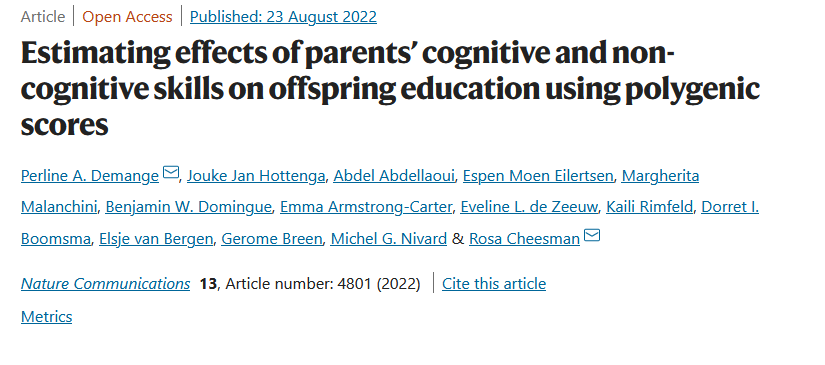 Finally out! 🔥 Two years after the first preprint version, our paper on environmental effects of parents’ cognitive and non-cognitive skills on their children’s education has grown a lot📈 In @NatureComms nature.com/articles/s4146… A brief twitter thread🧵