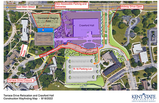 Construction along front campus continues and is in full swing gearing up for Crawford Hall and changes at White Hall and Terrace Drive. OUA put together site plans for pedestrians that includes parking routes.