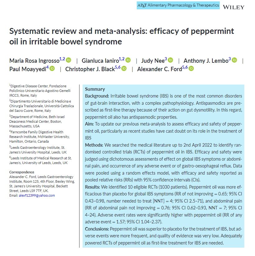 ebtapper's tweet photo. Peppermint oil for irritable bowel syndrome

I loved this treatment when I was a fellow. And now a meta-analysis by Ingrosso and friends in @APandT 

NNT for symptom relief: 4
Tradeoff, possible GERD, dyspepsia 
https://t.co/UGfDIEfqnw #gitwitter https://t.co/CAQToh4d4I