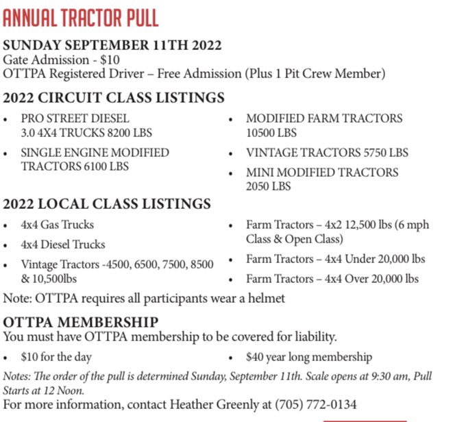 HeatherGreenly's tweet photo. Warkworth Fair Annual Truck &amp; Tractor Pull is back!!! 🚜💨🛻💨

We have the exciting &amp; loud Modified Classes, along with local trucks &amp; tractors! 💥

A must see show at the 170th Warkworth Fall Fair Sunday Sept 11th, 2022! 🎪 https://t.co/NrzHblFjyM