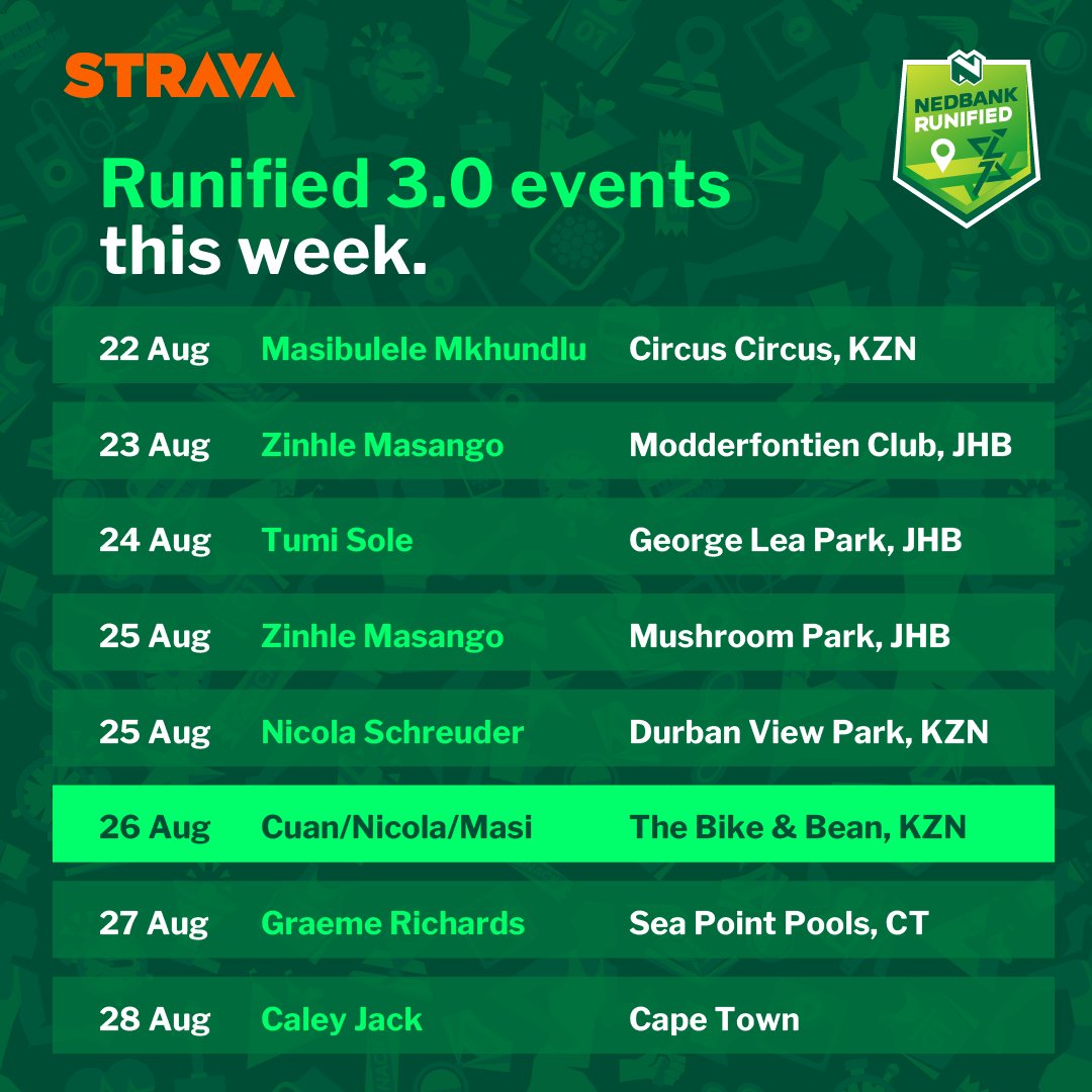 nedbanksport's tweet photo. Don't miss out on any of the #NedbankRunified runs happening this week in your city. 👇 https://t.co/Ro3t0kixa0