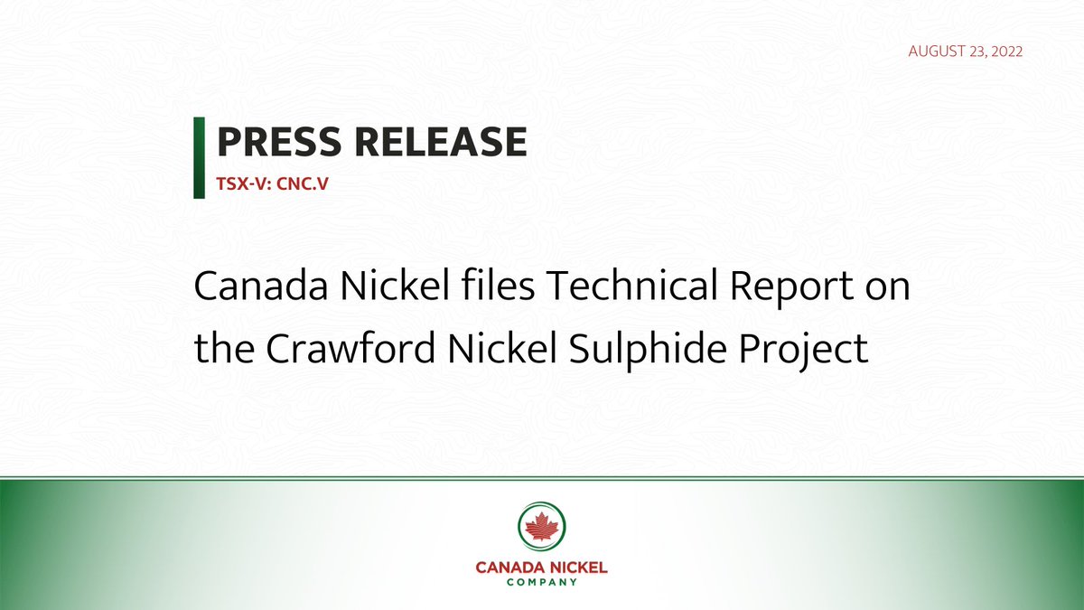 CanadaNickel's tweet photo. Canada Nickel files Technical Report on the Crawford Nickel Sulphide Project
https://t.co/ePOart2aAq
$CNC.V $CNIKF #Mining #Nickel #Exploration #Drilling #BatteryMetals #News #NewsRelease #MiningNews #NetZeroNickel #NetZeroCobalt #CanadianMining https://t.co/rQ9qbpqZAk