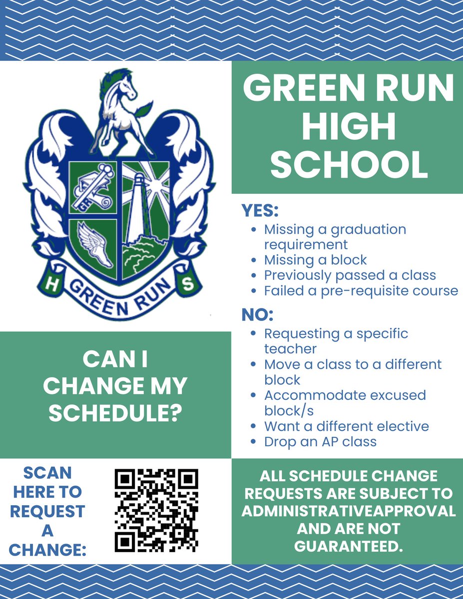Our GRHS School counselors are working hard to finalize schedules. If you have a schedule change request and/or concern, please fill out this form: forms.gle/uqsqKTDTaRdrGe… 

Authorized schedules changes can be found in the form. 

GO STALLIONS!