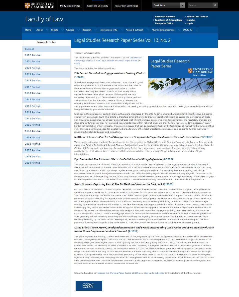 cambridgelaw's tweet photo. We have issued a new @SSRN Legal Studies RPS (Vol. 13 No. 2) including articles by @EilisFerran, Matthew Kramer, @EBenvenisti, Sarah Nouwen & @DavidErdos: https://t.co/GJPraB4OGS #ShareholderEngagement #LegalPositivism #MilitaryObjectives #EU #EUMediation #GDPR https://t.co/k358fmbpW2