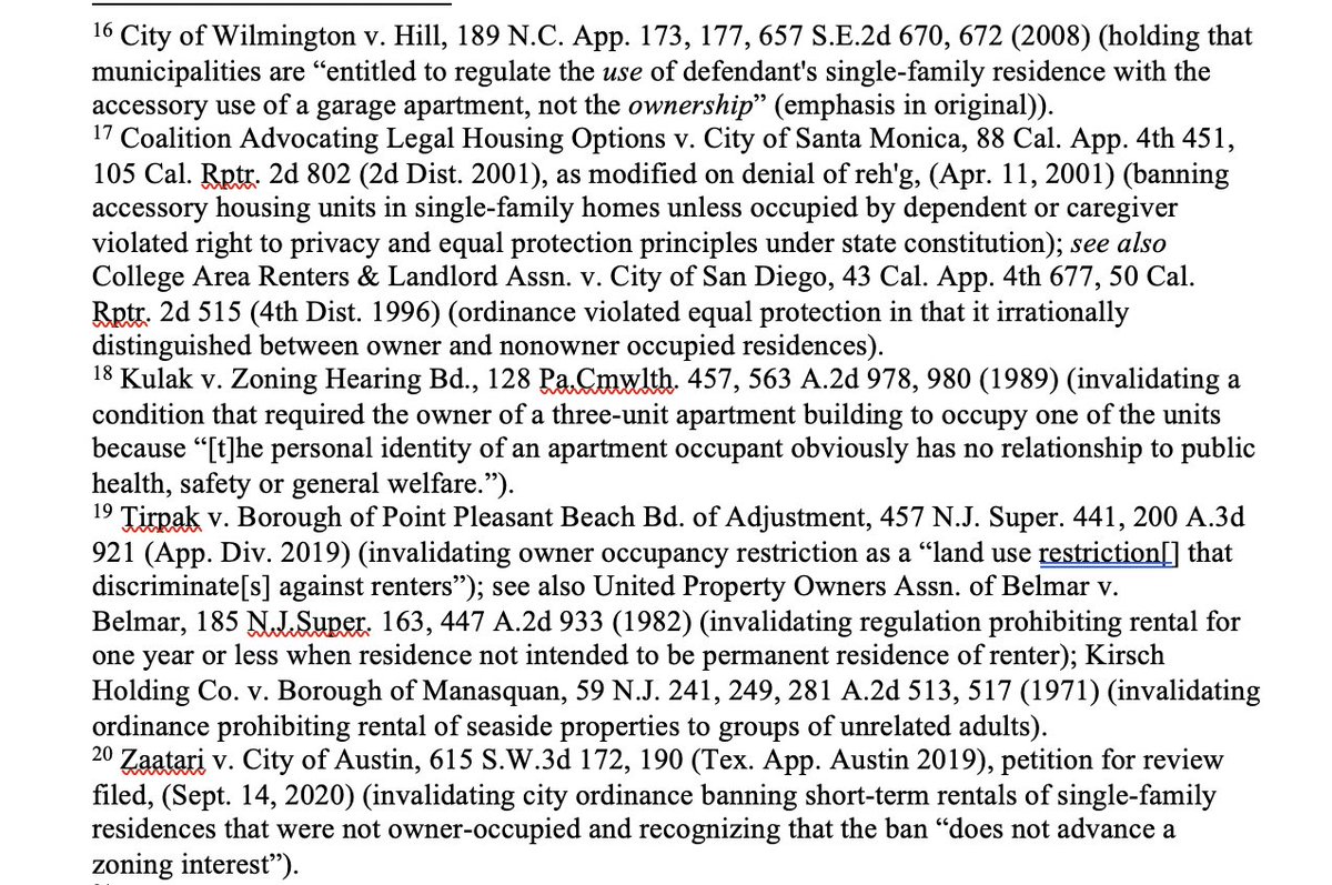 NickAbbottCT's tweet photo. @RickHills2 Interesting new hookto strike down owner-occupant restrictions – I personally found the ultra vires argument most compelling (used in NC, PA, and NJ), but DCC allows for broader challenges beyond zoning https://t.co/lpkNzyIvTb