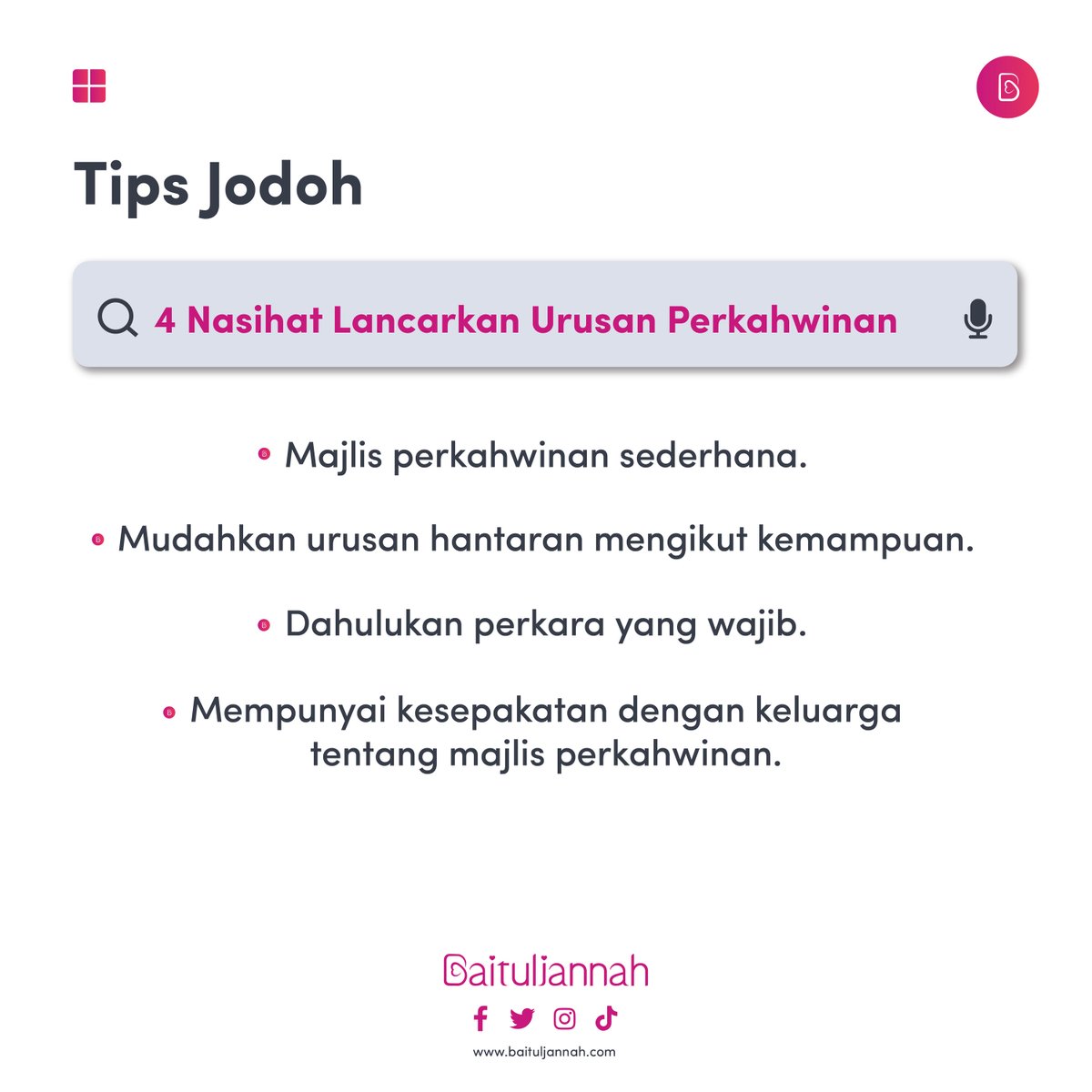 baituljannah_MY's tweet photo. #TipsJodoh
Sebagai pasangan, pastikan anda berdua berbincang secara baik tentang urusan perkahwinan. Fahamkan bahawa urusan perkahwinan ini dapat menggembirkan hati keluarga dan pasangan.
Berkenalan di https://t.co/YvVzlKxPQU https://t.co/w5ckSj2EAZ