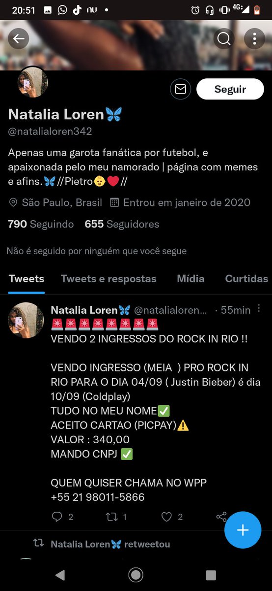 Mincrfgata06's tweet photo. Gente me ajudem a divulgar esse perfil que está aplicando golpe infelizmente sofri ontem e não poderei mais ir ao show devido a má fé dessa pessoa mas quero ajudar pra que outras como eu não passem pelo mesmo que passei em ajudem pfvr!. https://t.co/opBR9nmEU9