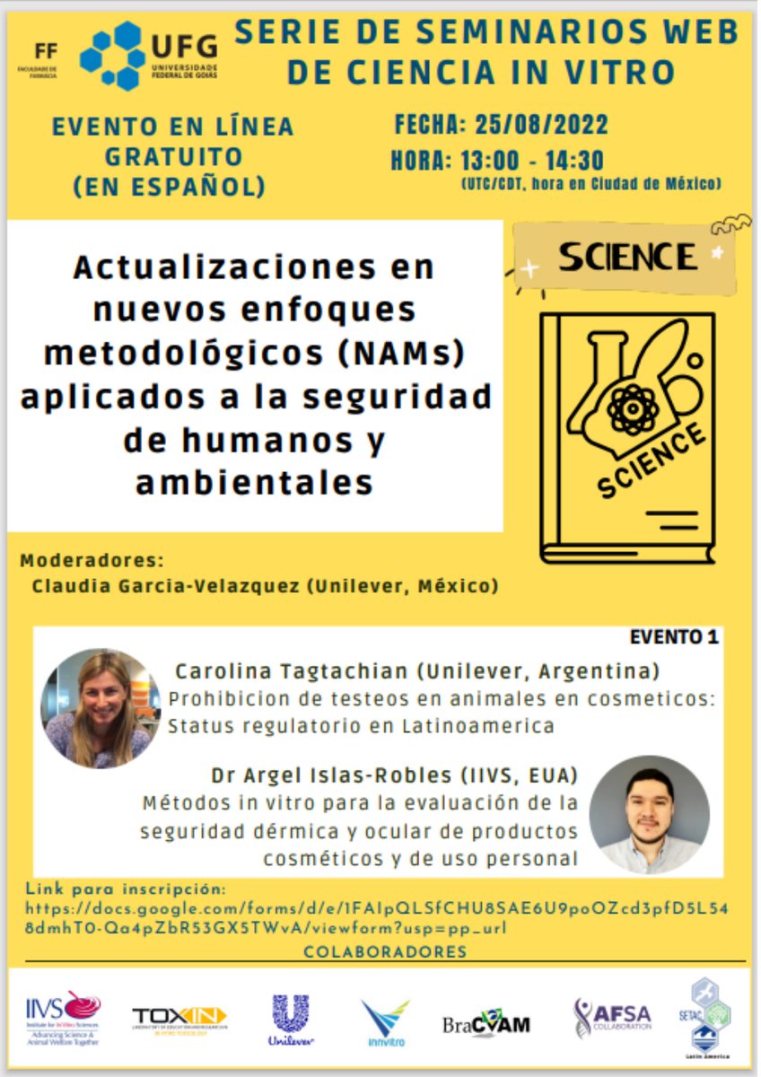 AFSAcollab's tweet photo. ⏰ REMINDER The 1st event (Spanish) of the "In Vitro Science Webinars Series", will focus on new approach methodologies (#NAMs) for human & environmental safety assessment of cosmetic ingredients & products without use of animals. Aug 25 (13:00-14:30 UTC/CDT, Mexico City time)... https://t.co/c1LLXEFGHV