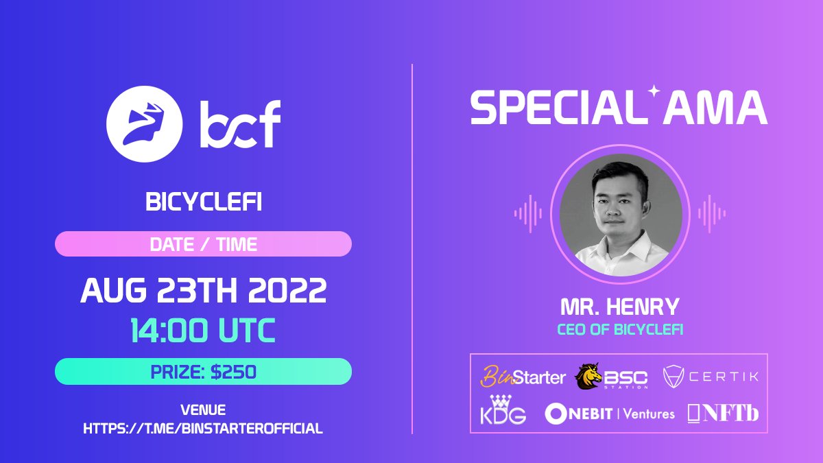 📣AMA Reminder📣 

Our live #AMA with @BicycleFiio starts in a few minutes⏰
Learn all the essentials of BicycleFi’s #INO Launch in today's AMA 👀
🏆$250 for selected questions to 5 lucky winners!🏆

Join Us! 👇
t.me/BinstarterOffi…
#BinStarter #BSR #BicycleFi #BCF #Metaverse