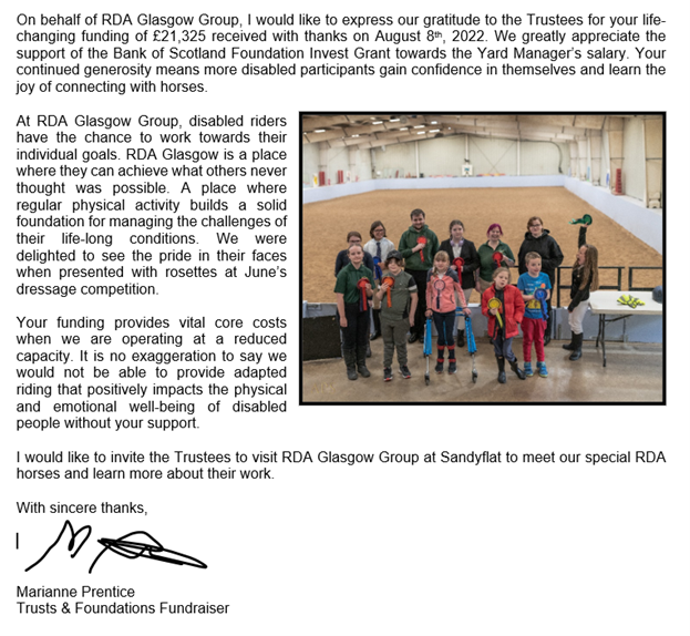 We really appreciate this lovely letter of thanks we received from <a href="/GlasgowRda/">RDA Glasgow Group</a> 💝 It's always fantastic to hear that our funding is making a real difference, helping charities provide much needed support to those in need #supportingscotland #feelingthelove #invest