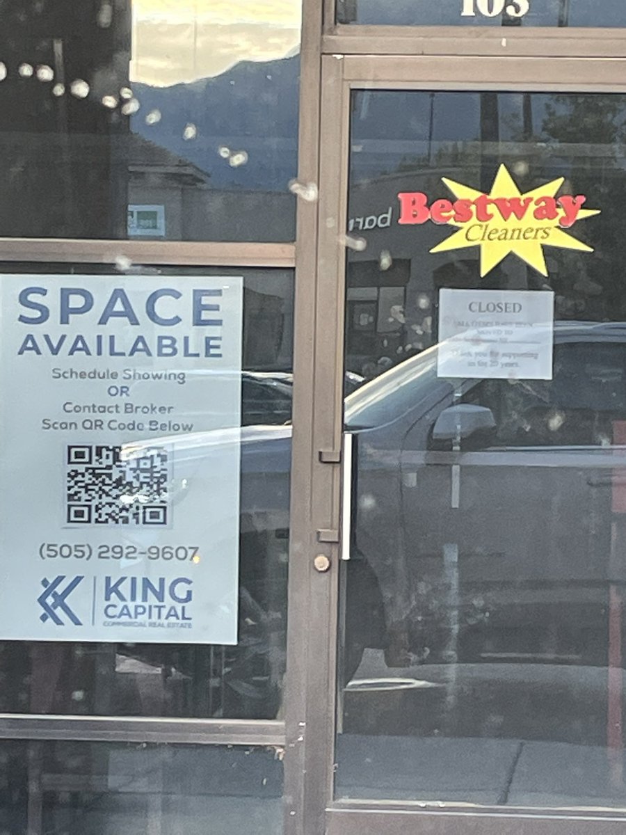 MrDougPeterson's tweet photo. Both the @EinsteinBros &amp; the Keva Juice at Academy &amp; Wyoming no longer accept cash, the cleaners went out of business &amp; Stripes is closed because they can’t find employees. This is Albuquerque; crawling with fentanyl addicted criminals &amp; the lowest labor participation in the U.S. https://t.co/1H1zFoX78x