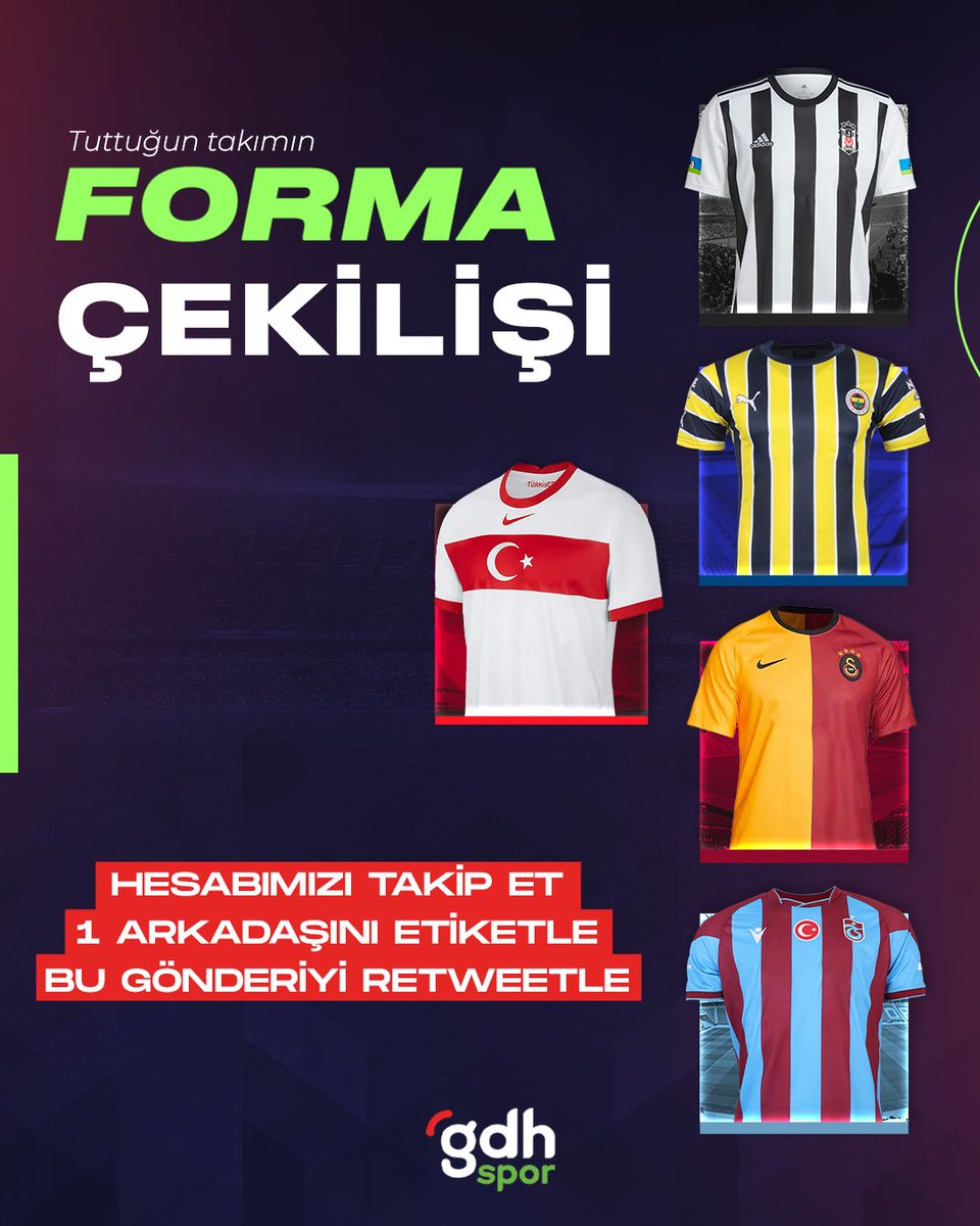 🏆 Çekilişe katıl tuttuğun takımın formasını kazan

☑️ <a href="/gdh_spor/">gdhspor</a>
 twitter sayfasını takip et

☑️ Gönderiyi retweetle

☑️ Bir arkadaşını etiketle

☑️ 30 Ağustos akşam 22.00'da açıklanacak çekilişle formanın sahibi sen ol.

Telegram ve Instagram çekilişlerimize de katılabilirsiniz.