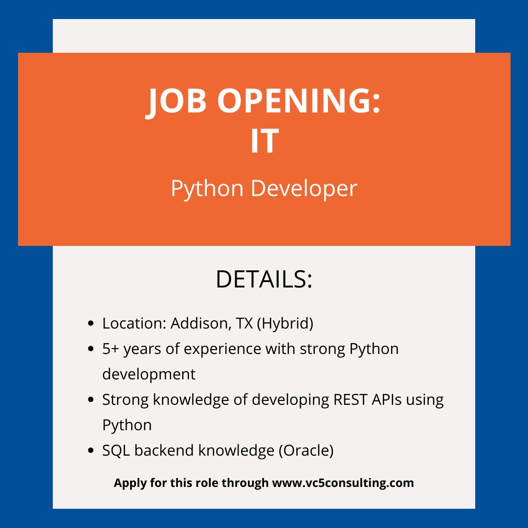 VC5Consulting's tweet photo. 🚨#HOTJOBALERT🚨
Calling all Python Developers 🗣
Our client is seeking a Python developer to join their #hybrid team in Addison, TX! Know anyone interested?
https://t.co/BEDooe3wvf
#developer #python #hiring #hiringtech #hybridwork #developerjobs #peoplefirst #aimhigher #VC5 https://t.co/N28dvpjScN