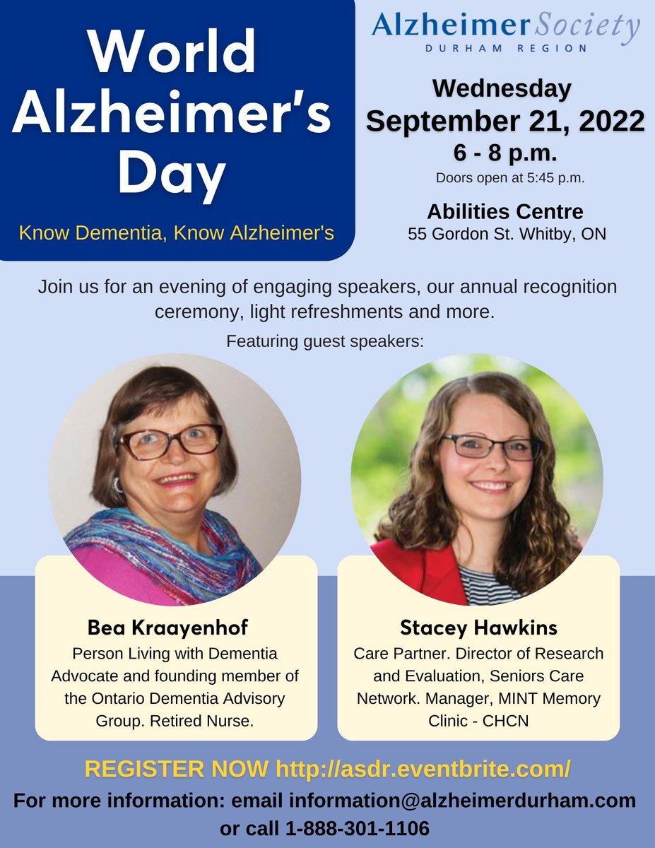 AlzheimerDurham's tweet photo. Join us for World Alzheimer's Day on September 21st for an evening of engaging guest speakers, recognition awards, light refreshments and more.

Register: https://t.co/IM8p3q000Q

#WorldAlzDay #WorldAlzMonth #alzheimersawareness #dementiaawareness #KnowAlzheimers #KnowDementia https://t.co/gVaX0LfTMm