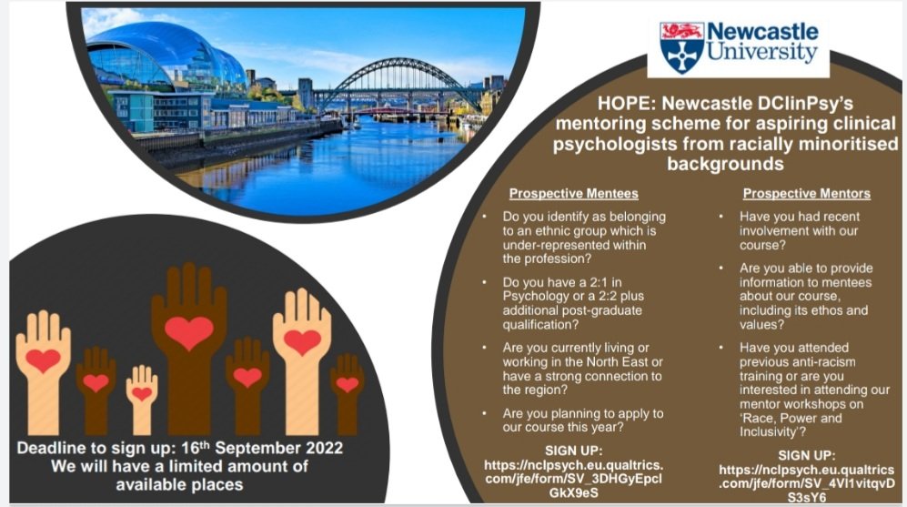 DrRomanaFarooq's tweet photo. 🌟Applications are now open for @NclDClinPsy HOPE Mentoring Scheme for aspiring clinical psychologists from a racially minoritised background 🌟Interested Mentees and Mentors register ASAP, eligibility criteria and links on flyer. Deadline 16th September 2022! https://t.co/ZMSeG8qdM0
