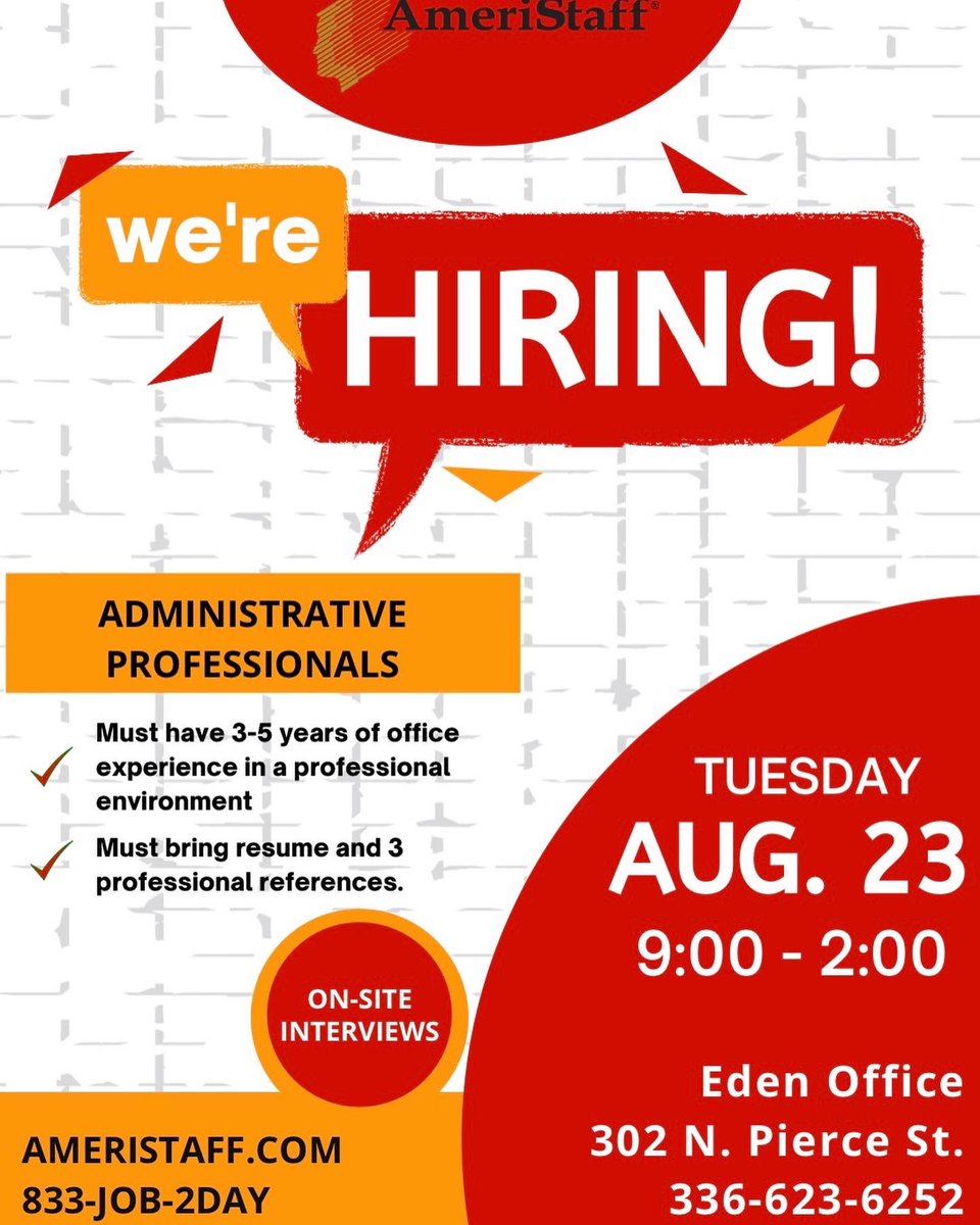 AmeriStaff's tweet photo. Hiring Event in Eden!! We’re conducting on-site interviews TODAY for experienced administrative professionals. So come on out with your resume and 3 professional references and we can help you find a job! #Nowhiring #jobfair #AmeriStaff https://t.co/NHUqcXsByi
