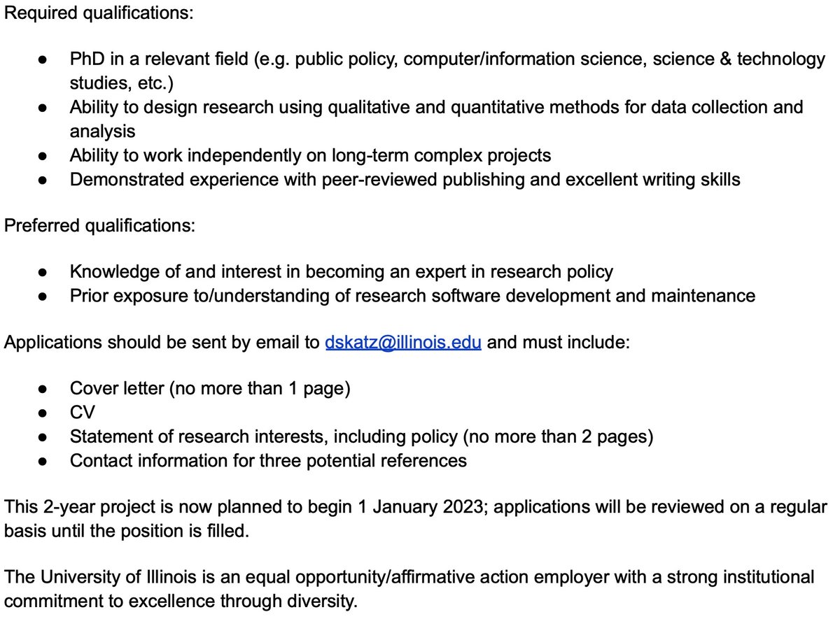 Postdoc opportunity: As part of the reborn/refreshed @si2urssi (thanks @SloanFoundation!), I'm looking for candidates with qualitative/quantitative skills to work on research software policy at @NCSAatIllinois (possibly remote) See attached & ncsa.illinois.edu/about/careers/… Pls forward