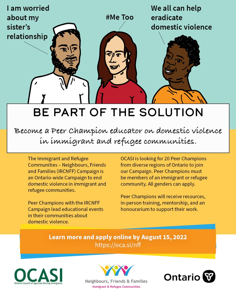 Settlement_Org's tweet photo. Do you want to be an educator on domestic violence in immigrant and refugee communities? The @ircNFF is looking for peer champions to help women in your community living with abuse recognize the signs of domestic violence. Apply here: https://t.co/W6yGUgaOLF https://t.co/k95rUni77c
