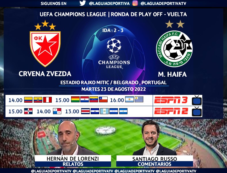 Laguadeportiva1's tweet photo. #UCL Play Off - Vuelta | #CrvenaZvezda v #MHaifa
🗣️Relatos: @hernandelorenzi
🎙️Comentarios: @SantiRusso
📺ESPN 3 - Sudamérica
📺ESPN 2 - Centroamérica
🖥️STAR+ Latinoamérica
#⃣ #CHAMPIONSxESPN #ESPNenStarPlus
Dale RT https://t.co/OL2HdRXhLf