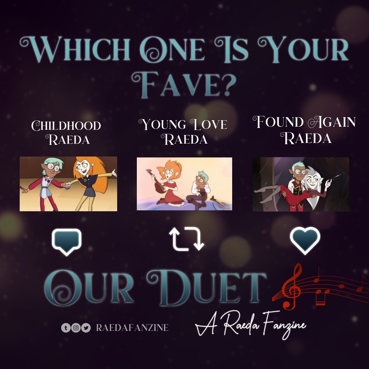 Raedafanzine's tweet photo. This next musical styling is to pick your favourite iteration of Raeda!🎵 

(Don't tell anyone, but a QRT counts as all three!)

#radea #wip #toh #raedazine #rainewhispers #EdaClawthorne https://t.co/ogA9quJDus