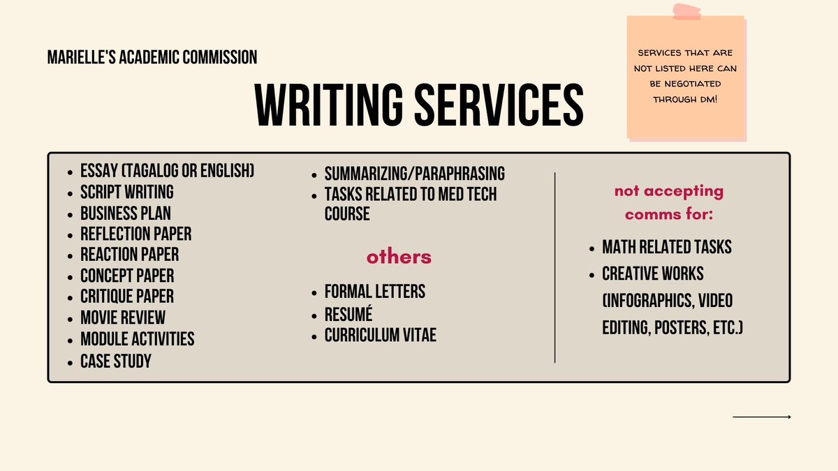 mariellecomms's tweet photo. need help with your school works and backlogs? worry no more! marielle will be glad to assist you with your academic workloads!
scan through my commission sheets below to know more about me and the services i offer. ♡
feedbacks/vouches: #MACvouches
updates: #MACupdates https://t.co/YKU2VSkypO
