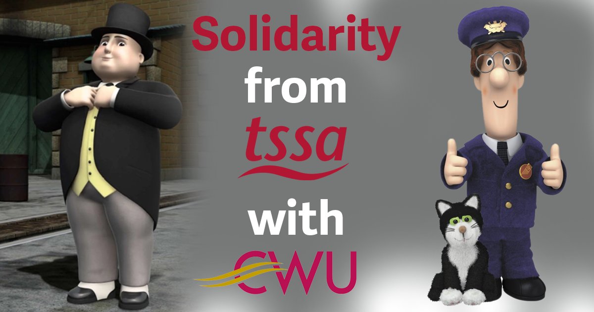 TSSAunion's tweet photo. Solidarity from TSSA to @CWUnews for strikes at BT and Royal Mail https://t.co/JFBNlpIMi2