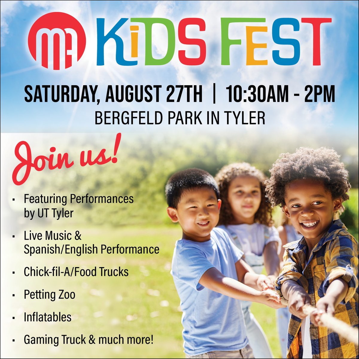 MA_Texas's tweet photo. 🎉Kids Fest is four days away🎉

Join us at Bergfeld park for live entertainment, inflatables, food trucks, and much more.

It’s all Happening on August 27th from 10:30 am-2:00 pm.

Share this and invite all your friends and family to this FREE event! https://t.co/2gKYhNp2We