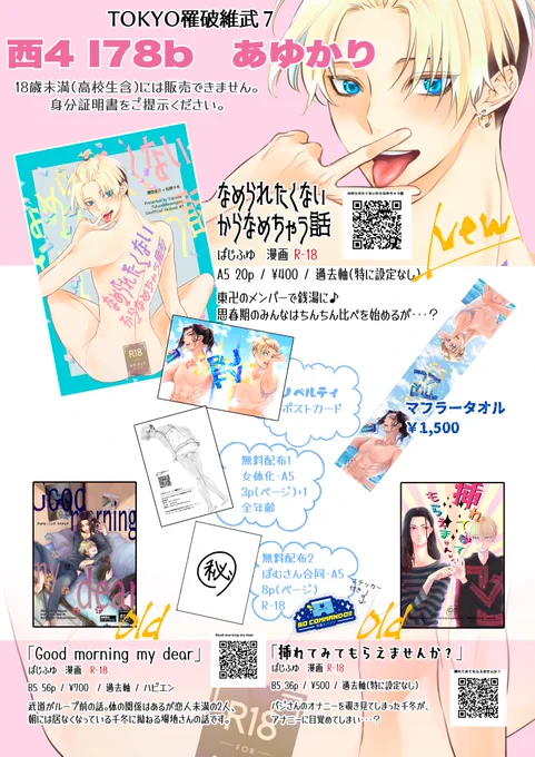 8/28のお品書きです。
基本的に頒布物は変わりません!

追加でぽむさん(@t_pomuu )と合同の無配②があります。
これはまた内容についてはイベント直前にお知らせします〜!
ぽむさんが作ってくれたステッカーもつきます✨(無配だけどR18ですスミマセン💦) 