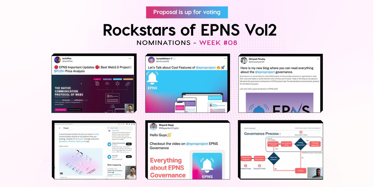 PushChain's tweet photo. 3/ 🗳️Time to Vote fam!🗳️

A new proposal is up to select our next #RockstarsOfEPNS Winner via Push Governance voting. 👨‍🎤🤩

Click below to vote!
🔗👉 https://t.co/hCiMmkwBC4

Nominated candidates:
⭐ @tech2Pac
⭐ @imkunaal02
⭐ @shriyashpandit
⭐ @MayankonCrypto https://t.co/eQET7OW8Zc