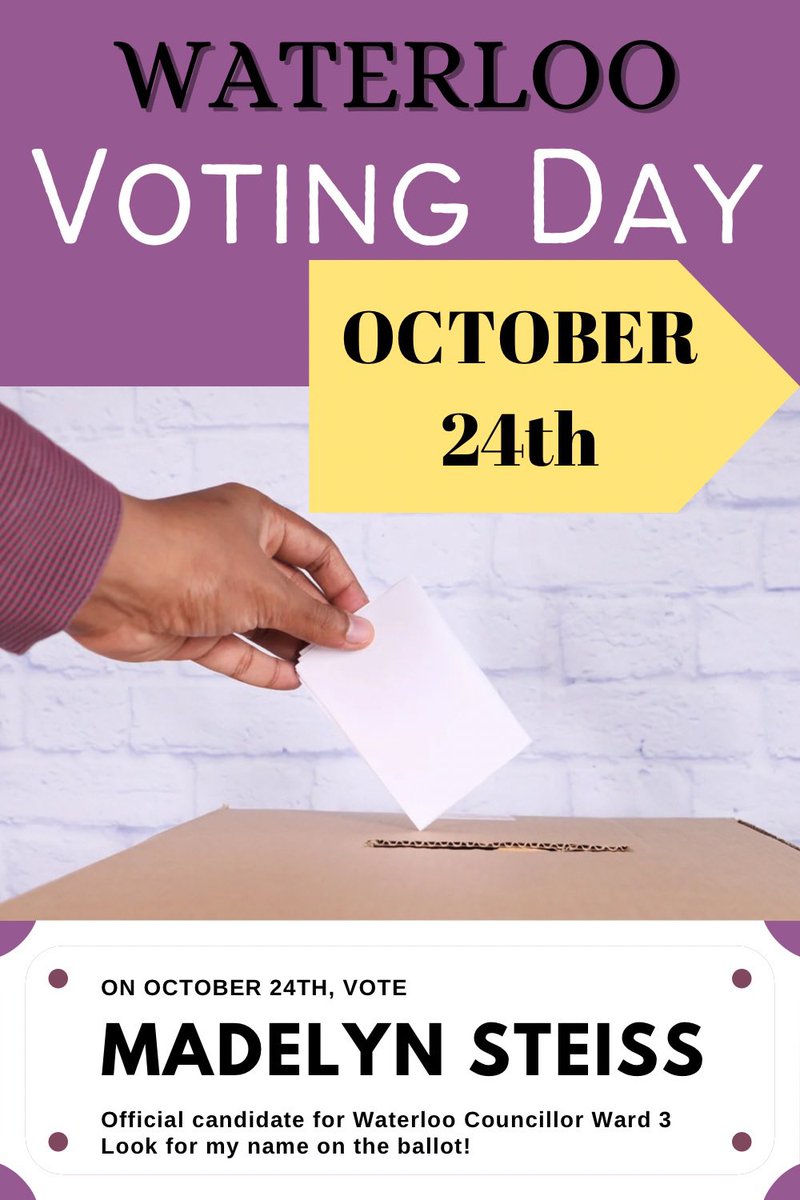 m_steiss's tweet photo. It’s official! 

You will be seeing my name on the ballot if you are in ward 3 in Waterloo!

Voting day is on October 24th, so mark it in your calendars and bring your friends and family with you to increase voter turnout this election. 

See you at the polls! https://t.co/udB13LL8n0