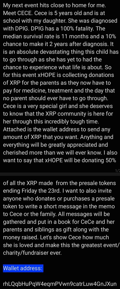 XHOPEToken's tweet photo. Please read the attached images as it will be our first event! Show your support for CECE!
Wallet address:
rhLQqbHuPqW4eqmPVwn9catrLuw4GnJXun
Sologenic Link:
https://t.co/ij7Dcq1j8g
#cece #DPIG #Fcancer #charity #fundraiser https://t.co/5sci2XtOWf