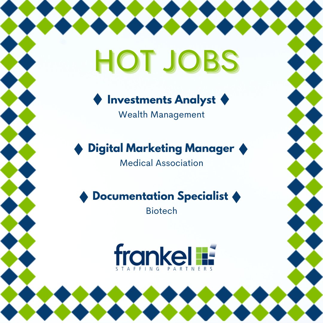 FrankelStaffing's tweet photo. It's Tuesday, so it's time for our HOT JOBS. Be sure to take a look at the featured positions along with our other openings at https://t.co/Z4wPdefKJ9
#frankelstaffingpartners #hotjobs #nowhiring #jobs #raleighjobs #rtpjobs #trianglejobs #investmentsanalyst #digitalmarketing https://t.co/S4HT2A0gP6