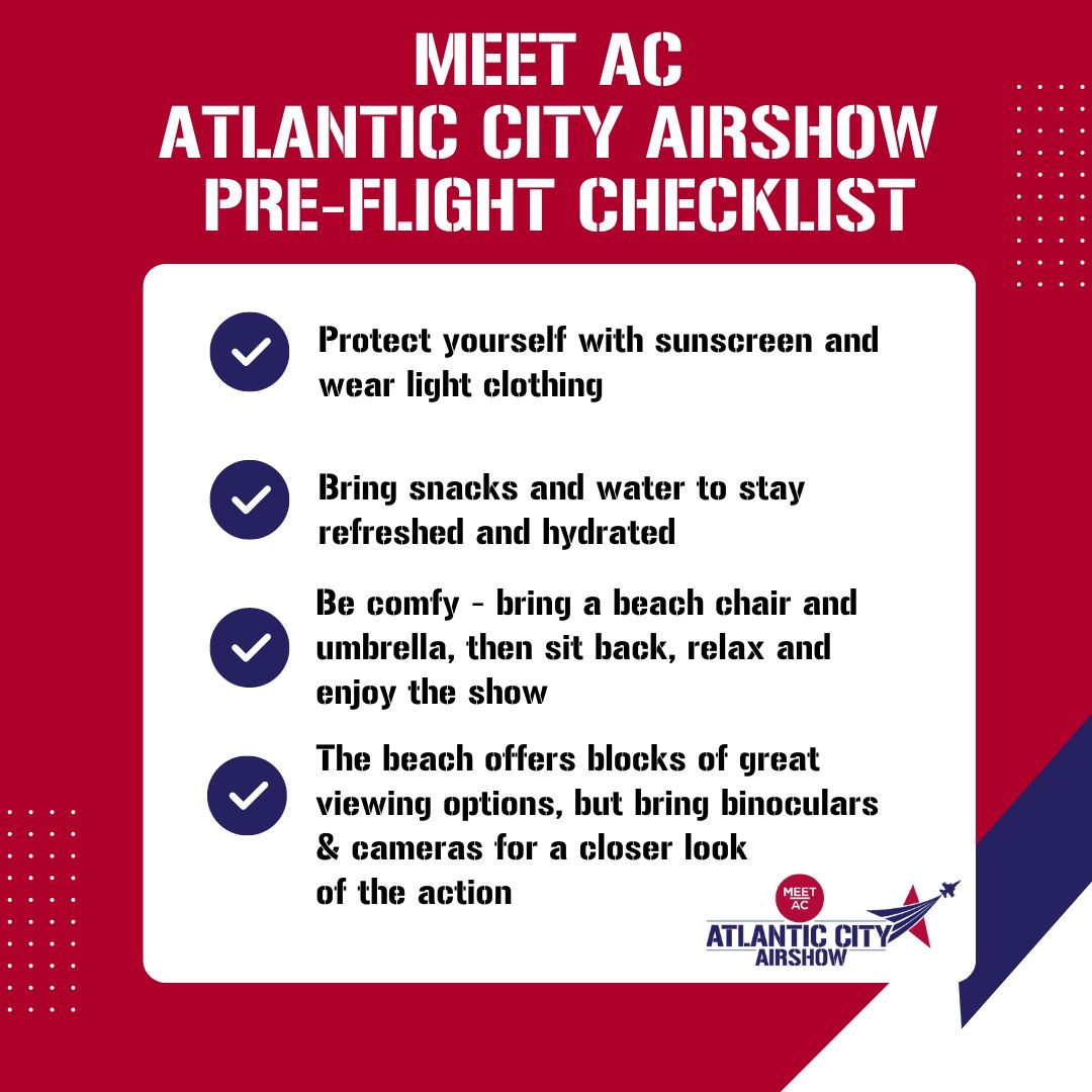 AcAirshow's tweet photo. Do you have all the essentials packed for this year’s @Meet_AC Atlantic City Airshow? Check out our pre-flight checklist for some helpful tips to optimize your Airshow experience! For more information about this year’s show, visit: https://t.co/koxWcRLuZ9 https://t.co/otraUuVBcg