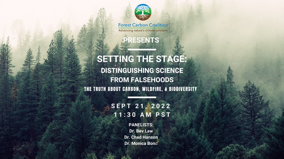 ForestCarbonCo's tweet photo. SAVE THE DATE! Learn the truth about carbon, wildfire, and biodiversity. Join panelists Drs. Bev Law, Chad Hanson, and Monica Bond. Register now! Sept 21, 2022 11:30 am PST / 2:30 pm EST https://t.co/xTmNgf9nMJ https://t.co/kMzvGtL5qa