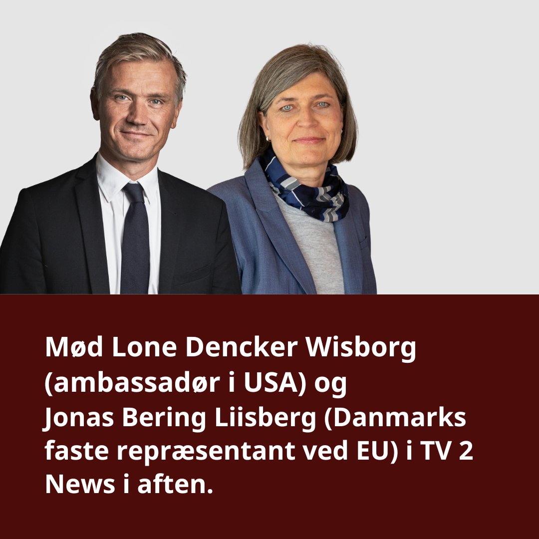 DanishMFA's tweet photo. Følg med på TV 2 News i aften kl. 20:05, når ambassadør Lone Dencker Wisborg, USA, og Jonas Bering Liisberg, EU, deler deres perspektiver på verdenssituationen set fra USA og EU 🇺🇸🇪🇺.
#dkpol #mfadk https://t.co/ugNY5XoX33