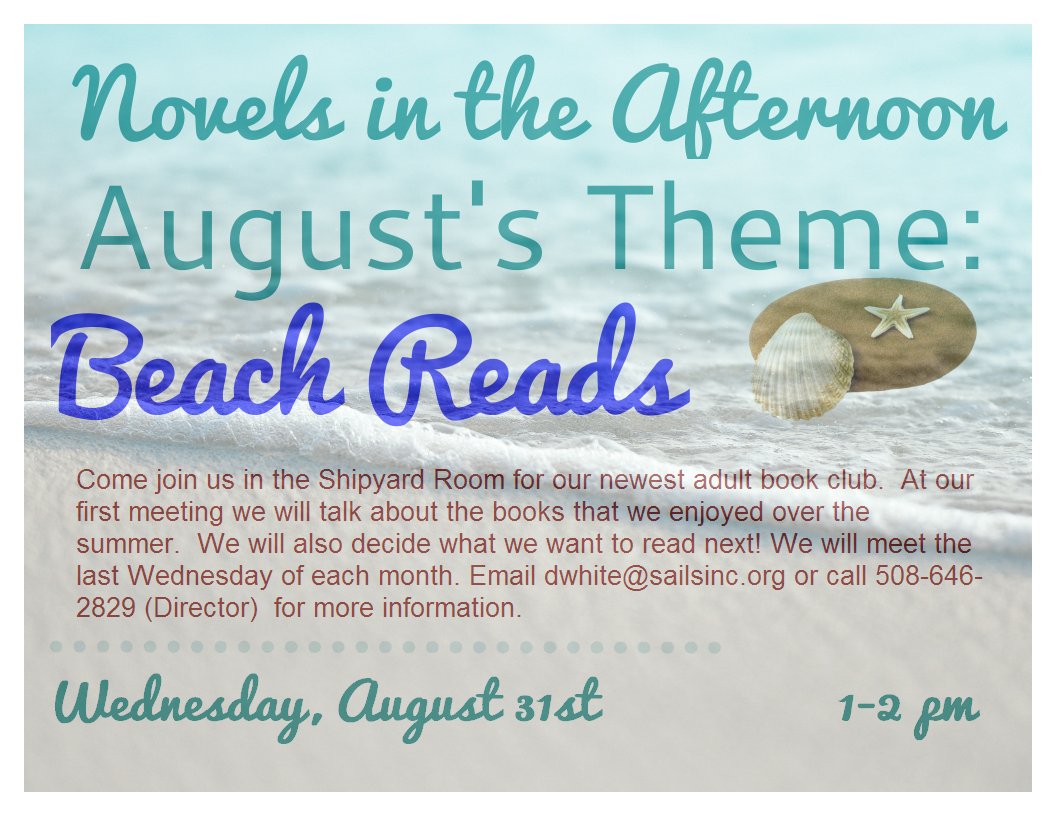 somersetlibrary's tweet photo. Join us August 31 at 1 PM for our newest adult book club! August's theme is "Beach Reads," and the first meeting will let everyone talk about what books they enjoyed over the summer! Book club meetings will take place the last Wednesday of each month. https://t.co/aM7gtusfKf