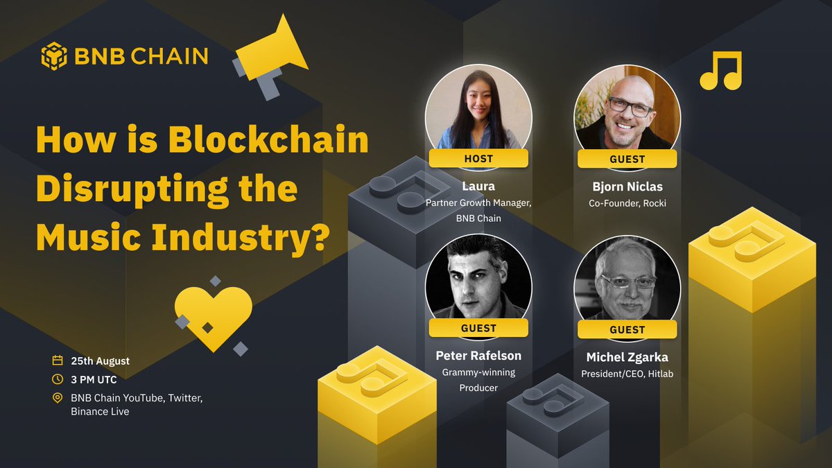 BNB Chain (@bnbchain) on Twitter photo Join #BNBChain alongside <a href="/RockiApp/">Rocki (acquired by @CuriosDotCom)</a>, <a href="/HITLABnyc/">HITLAB</a>, and Grammy award-winning producer <a href="/PeterRafelson/">Peter Rafelson</a>
We'll be discussing the impact of blockchain on the music industry.
📅August 25th
⏰15:00 UTC
📍youtube.com/watch?v=Q2zLoH… Join #BNBChain alongside <a href="/RockiApp/">Rocki (acquired by @CuriosDotCom)</a>, <a href="/HITLABnyc/">HITLAB</a>, and Grammy award-winning producer <a href="/PeterRafelson/">Peter Rafelson</a>
We'll be discussing the impact of blockchain on the music industry.
📅August 25th
⏰15:00 UTC
📍youtube.com/watch?v=Q2zLoH…