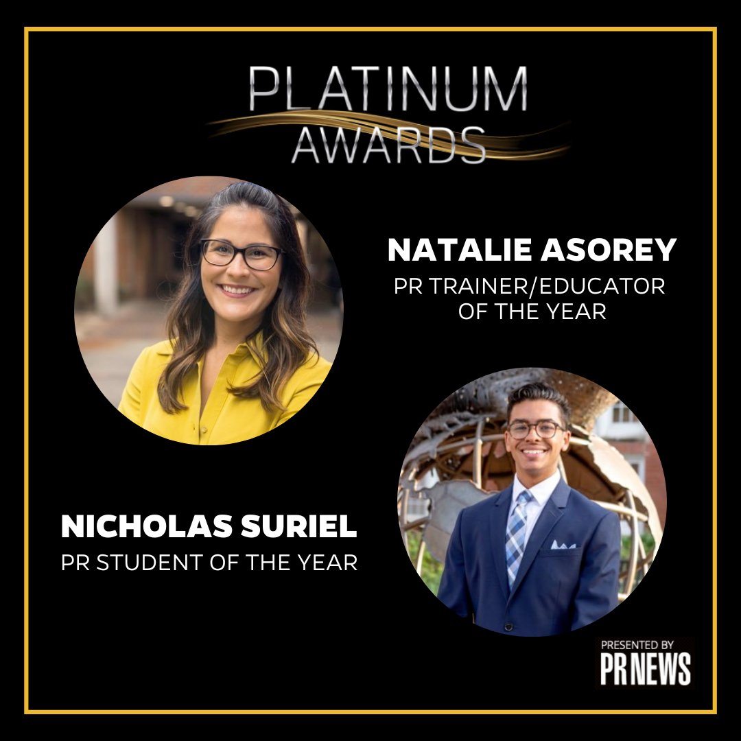 A HUGE congrats to <a href="/NicholasSuriel/">Nicholas Suriel</a> for winning PR Student of the Year and Professor <a href="/NatalieAsorey/">Natalie Asorey</a> for winning PR Trainer/Educator of the Year for the '22 <a href="/PRNews/">PRNEWS</a> Platinum Awards! 🎉 They will be celebrated at the awards gala on Oct. 12 in New York City. 
bit.ly/PRNEWSPlatinum….