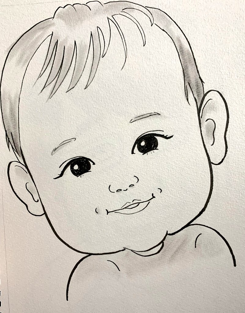 kumazaru39's tweet photo. 1日1枚（線画だった絵）に黒だけ塗ってみたバージョン😂
#1日1枚 #似顔絵 #古坂大魔王 さん #ダンディ坂野 さん #赤ちゃん #ちびちゃん https://t.co/kVYBxh9oe6