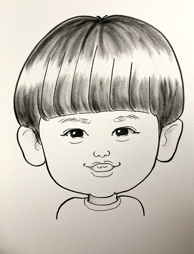 kumazaru39's tweet photo. 1日1枚（線画だった絵）に黒だけ塗ってみたバージョン😂
#1日1枚 #似顔絵 #古坂大魔王 さん #ダンディ坂野 さん #赤ちゃん #ちびちゃん https://t.co/kVYBxh9oe6