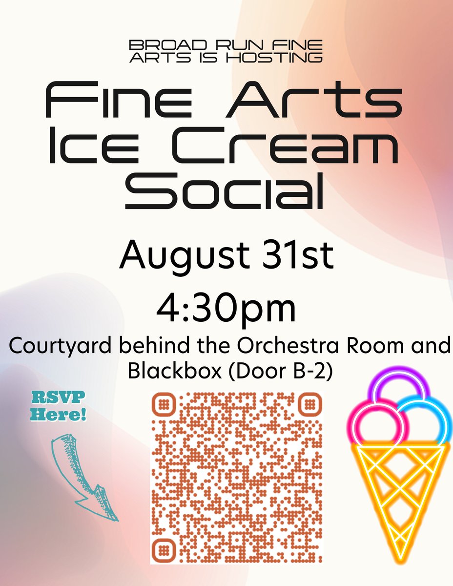 Come Join us for a Fine Arts Ice Cream Social to Meet and Greet! Meet new friends, faculty, and enjoy a sweet treat. Please RSVP by filling out the form attached to the QR code. 🍦🎭🎼🎻🎨🎷