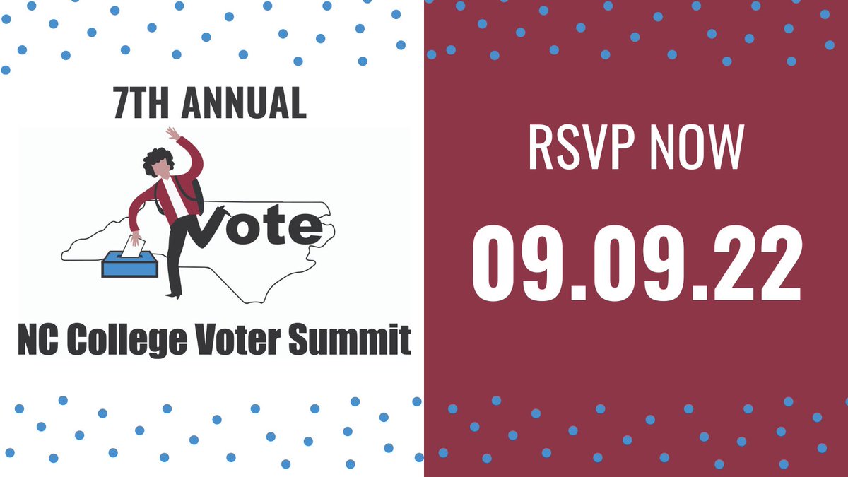🚨1 WEEK LEFT TO REGISTER🚨 

Calling all NC Campus Leaders! Join us next month, Sept 9th, for the 7th Annual North Carolina Campus Voting Summit! Register to today: bit.ly/VoteSum22

#VoteSum22 #youthvote #ncpol