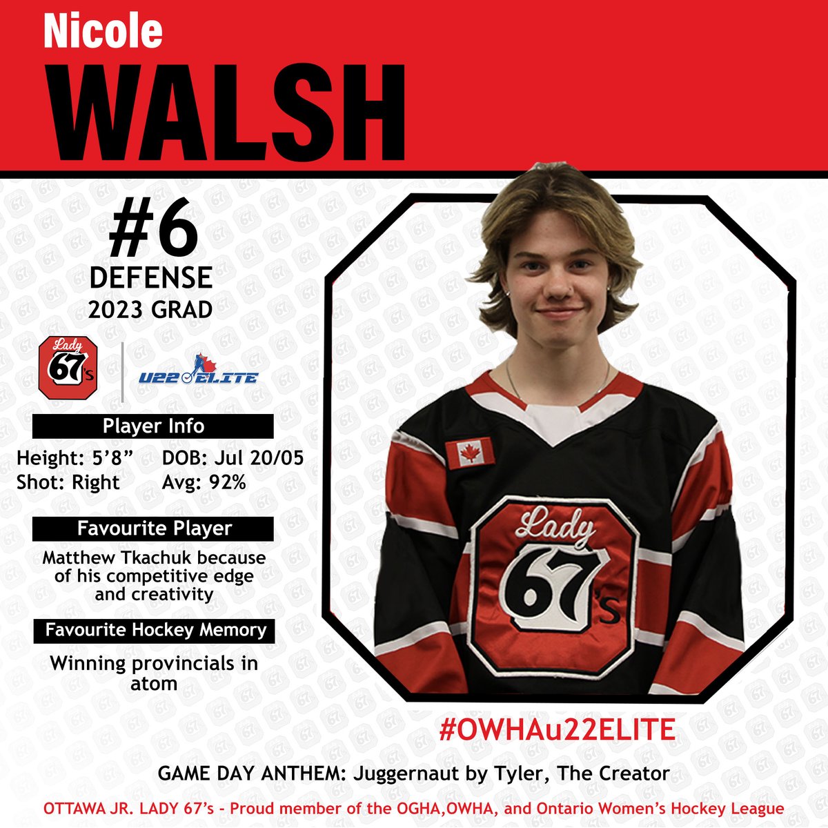OttawaJr67s's tweet photo. Meet the team - 

Introducing 3/6 of our Defence for the 2022-23 season, Alex Therien, Nicole Walsh, and Taylor Eastwood. 

#Lady67s #JrLady67s #OWHLu22Elite https://t.co/udmhSJb9Bq