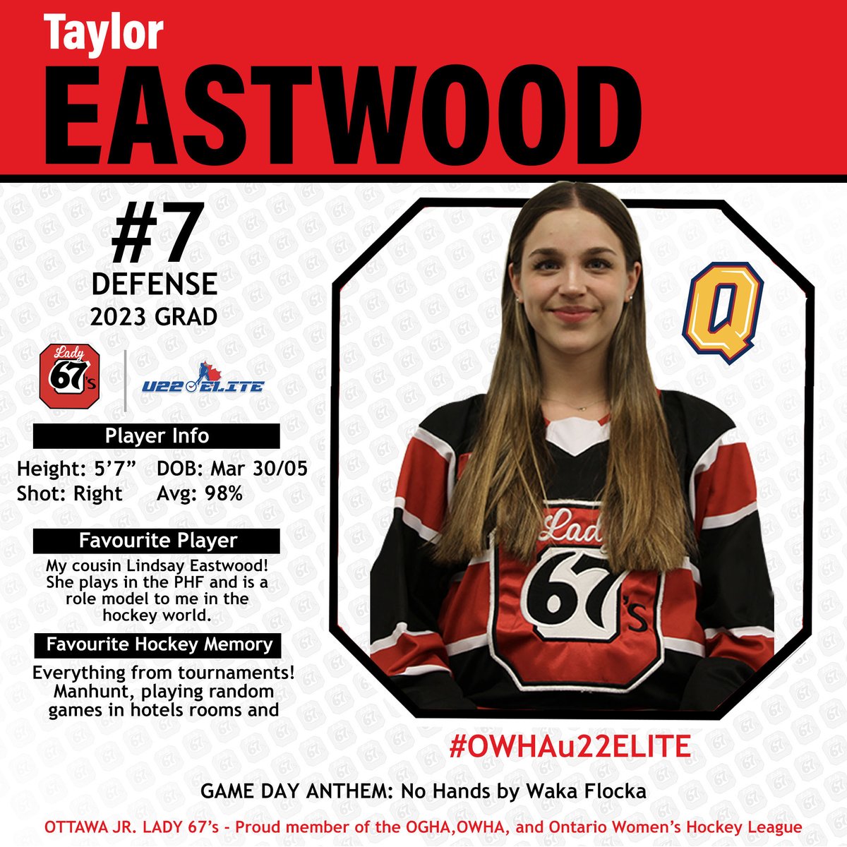 OttawaJr67s's tweet photo. Meet the team - 

Introducing 3/6 of our Defence for the 2022-23 season, Alex Therien, Nicole Walsh, and Taylor Eastwood. 

#Lady67s #JrLady67s #OWHLu22Elite https://t.co/udmhSJb9Bq