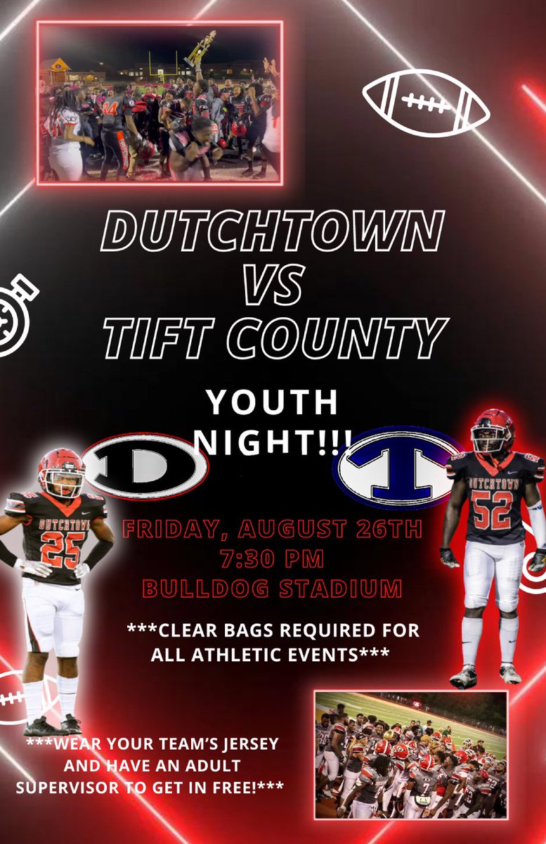 It’s going down this Friday, 8/26 @ 7:30pm! DHS vs Tift Co HS! You don’t want to miss it! Youth night! @DutchtownFB1 @DHS_DawgsCheer @dutchtownstarz @DHS_HCS @DES_HCS @dutchtownsga @niketaq @nikki_18724 @dms_hcs @PCE_HCS @RedOakElemen