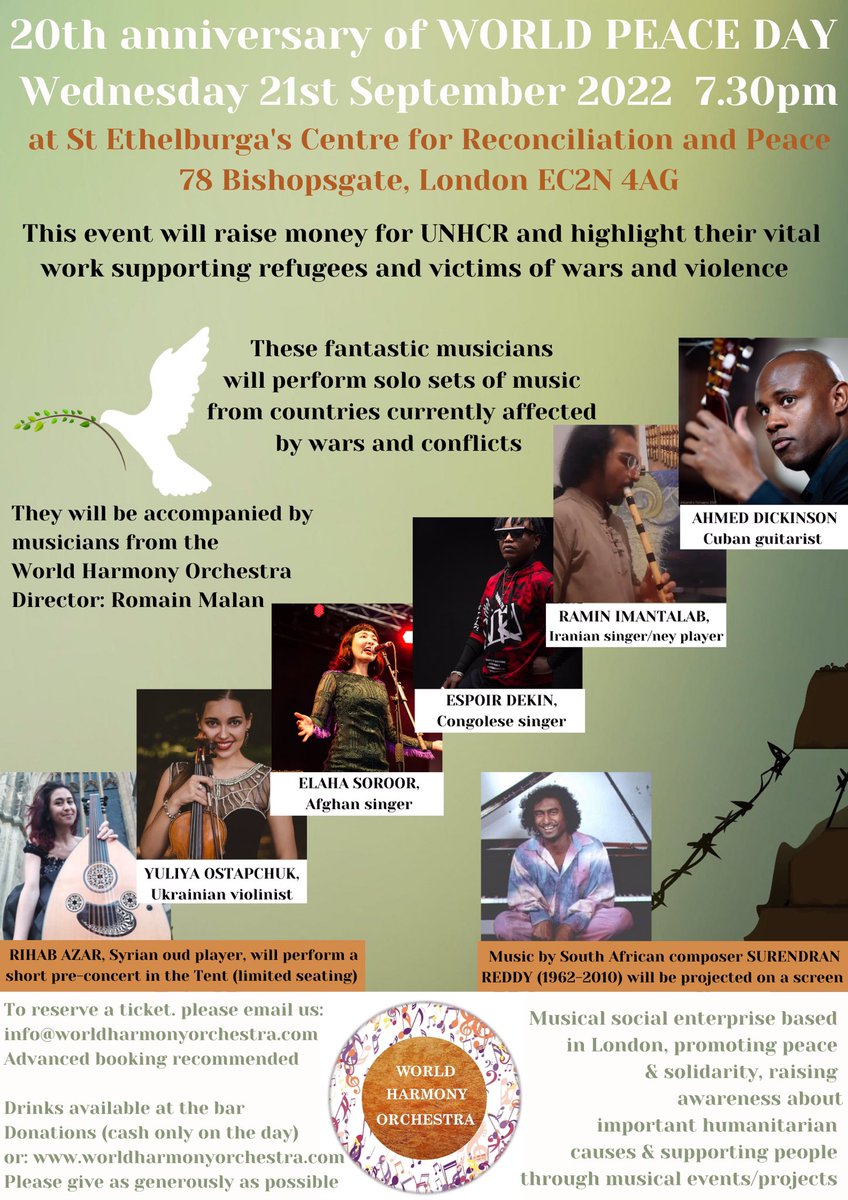 You can now book your tickets for our #PeaceDay <a href="/PeaceDay/">Peace Day</a> #concert featuring amazing #musicians performing #worldmusic from countries affected by wars, at the fantastic <a href="/StEthelburgas/">St Ethelburga's Centre for Reconciliation & Peace</a> raising money for UNHCR <a href="/Refugees/">UNHCR, the UN Refugee Agency</a>