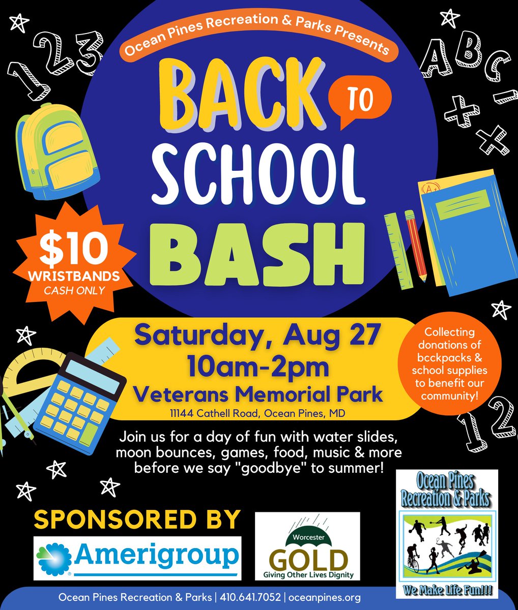 OPRecandPark's tweet photo. Our first-ever Back to School Bash is happening THIS SATURDAY, Aug 27 10am-2pm at Veterans Memorial Park!! For a $10 wristband (cash only), kids can enjoy unlimited water slides, moon bounces &amp; games. Plus, food vendors, music &amp; FUN🥳 https://t.co/0f0safL9Pz